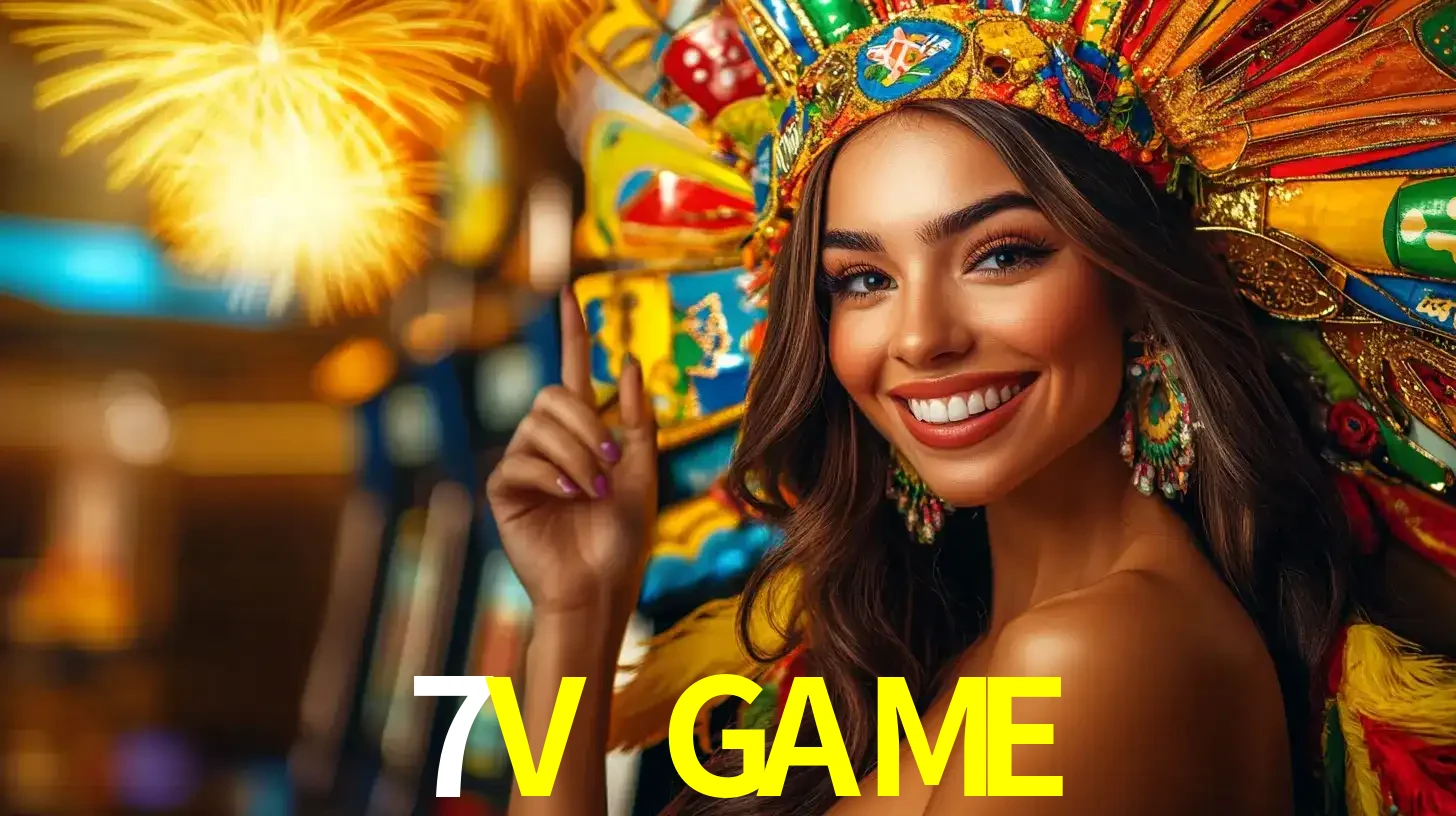 Mulher sorridente com um cocar de carnaval vibrante e colorido, celebrando uma grande vitória nos jogos do cassino 7V GAME com fogos de artifício ao fundo.