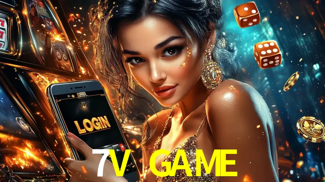 Mulher glamourosa segurando um celular com a tela de login do cassino 7V GAME, rodeada por dados e moedas douradas, pronta para começar a diversão.