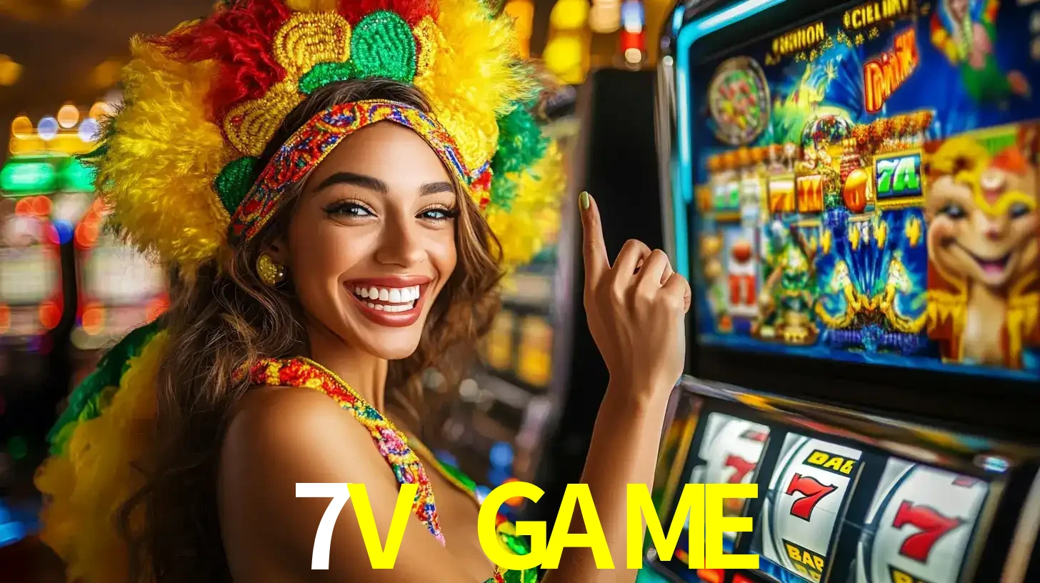 Mulher animada com um cocar de carnaval apontando para uma máquina de caça-níqueis, mostrando a emoção de ganhar um grande prêmio nos jogos do 7V GAME.