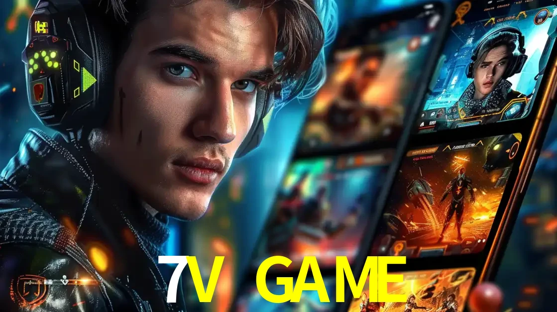 Jovem jogador com fones de ouvido olhando para a câmera, com um aplicativo de jogos e e-sports para celular ao fundo, pronto para a competição e apostas no 7V GAME.