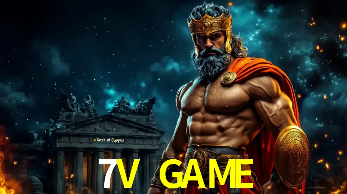 O poderoso Zeus do jogo de slot Gates of Olympus em frente ao seu templo, pronto para lançar multiplicadores divinos e prêmios épicos no cassino online 7V GAME.