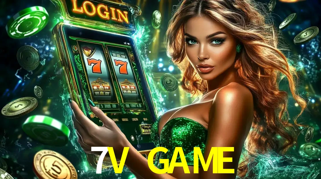 Mulher com tema verde apresentando o aplicativo do cassino 7V GAME com um jogo de slot de 777, cercada por fichas de cassino e uma aura de sorte.