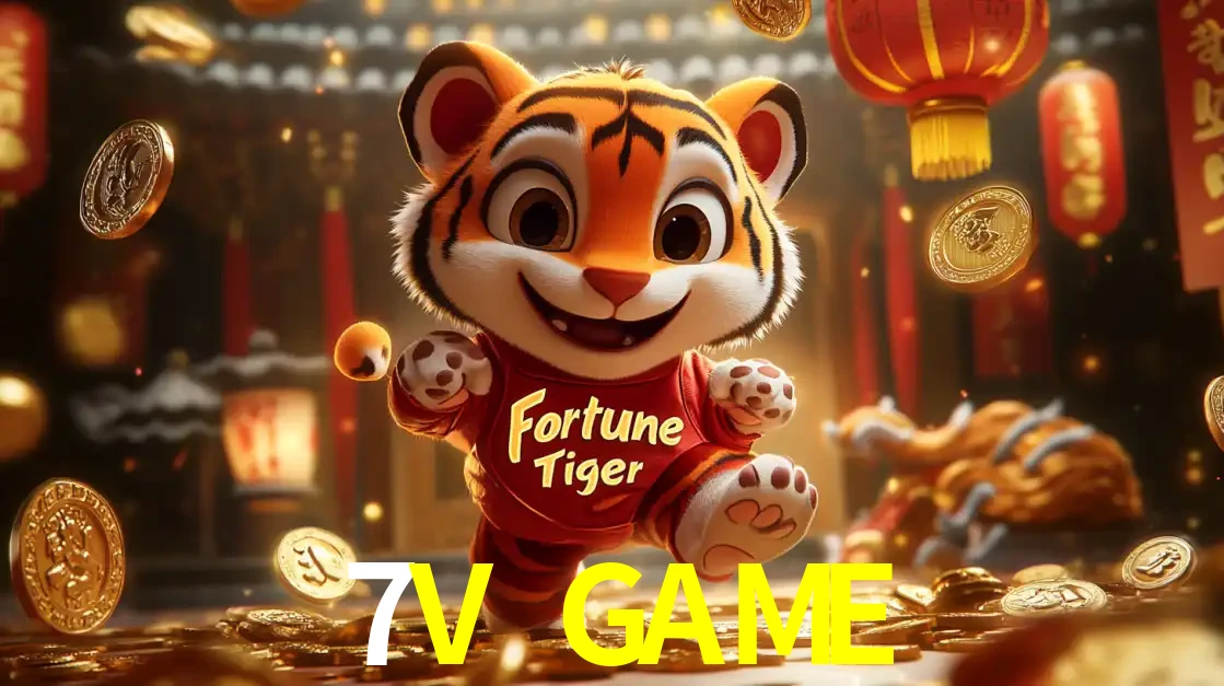 O alegre personagem do Fortune Tiger correndo sobre um caminho de moedas de ouro, simbolizando os grandes prêmios e a diversão do popular jogo de slot do 7V GAME.
