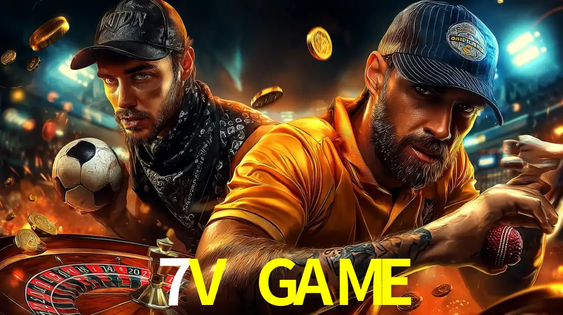 Montagem de apostas esportivas e cassino no 7V GAME, com um homem segurando uma bola de futebol e outro uma de beisebol sobre uma roleta e moedas voadoras.