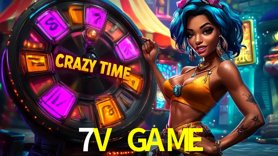 Mulher estilizada com cabelo azul e visual vibrante posando ao lado da roda de prêmios do game show Crazy Time, convidando para a diversão e os bônus do cassino 7V GAME.