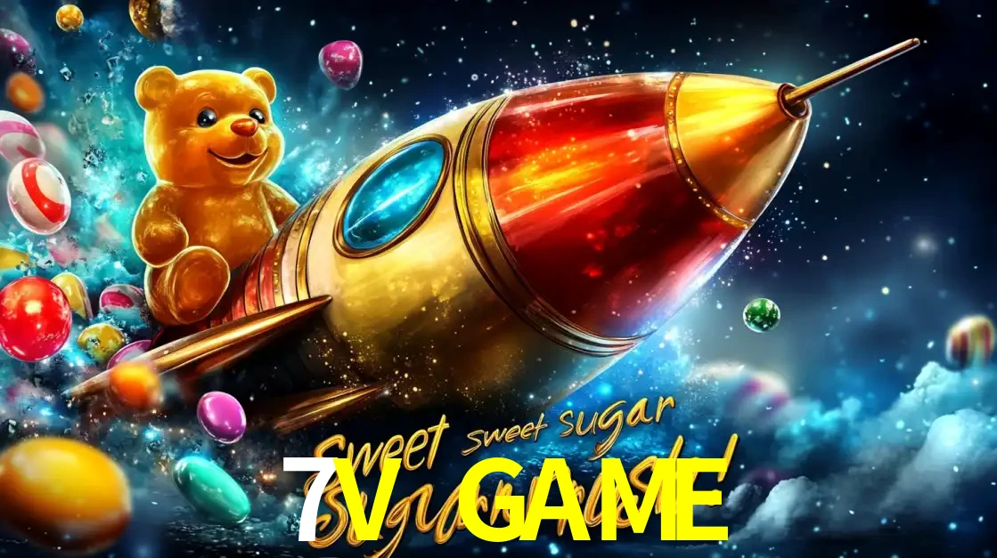 Arte promocional do jogo de slot Sugar Rush, com um urso de pelúcia em um foguete viajando pelo espaço de doces, um dos jogos divertidos disponíveis no cassino 7V GAME.