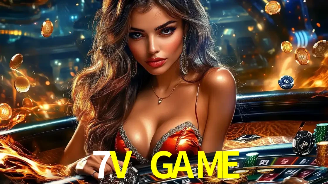 Mulher glamourosa em uma mesa de roleta com um fundo de chamas e moedas voadoras, pronta para fazer sua aposta e ganhar grandes prêmios no cassino ao vivo 7V GAME.