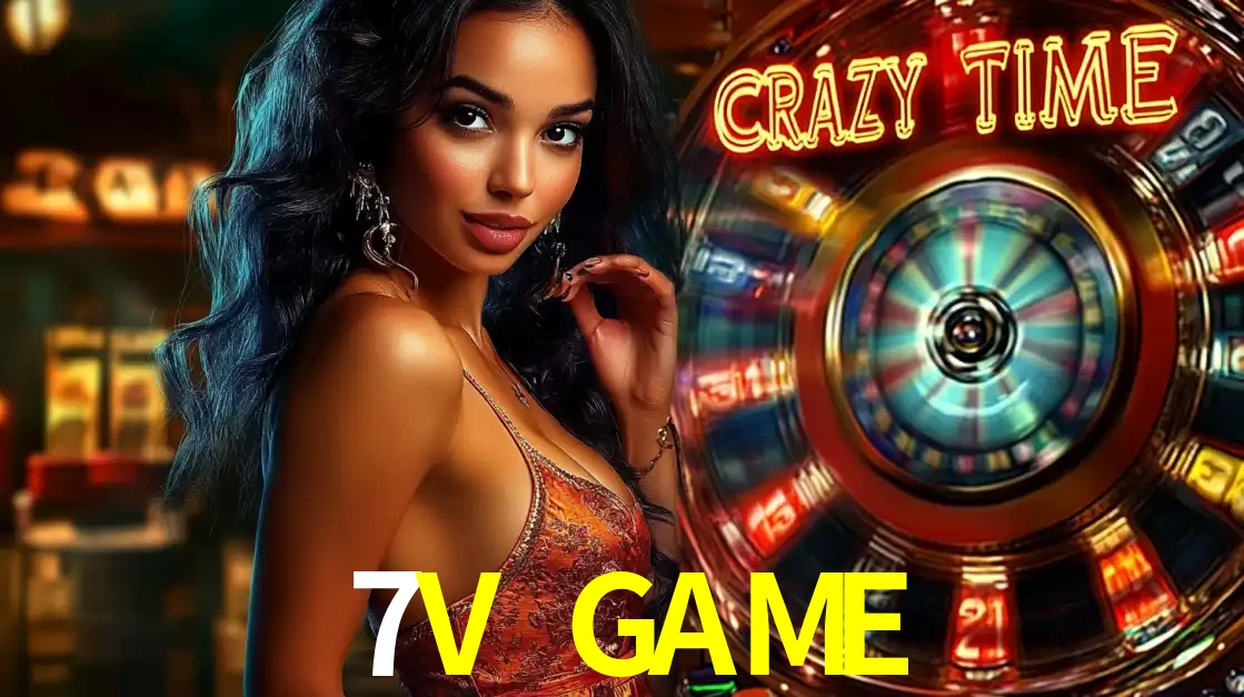Mulher elegante ao lado da vibrante roda da fortuna do jogo de cassino ao vivo Crazy Time, um dos game shows mais populares e cheios de prêmios do 7V GAME.