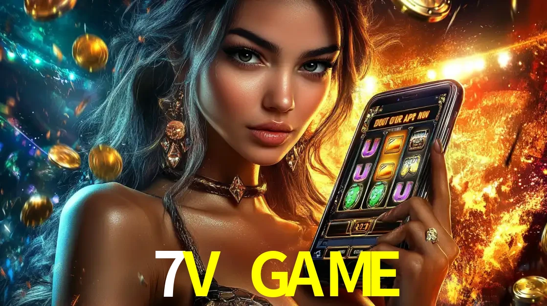 Mulher elegante mostrando um jogo de caça-níqueis em seu smartphone, destacando a experiência de cassino móvel oferecida pelo aplicativo 7V GAME.