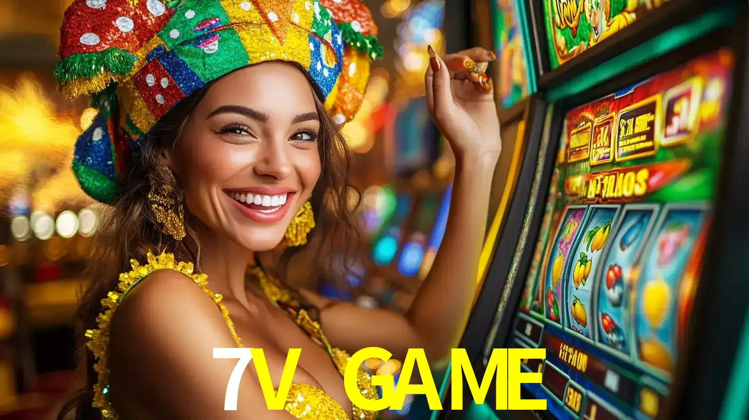 Mulher feliz com traje de carnaval amarelo e colorido ao lado de uma máquina de caça-níqueis, aproveitando a diversão e os jogos temáticos do cassino 7V GAME.