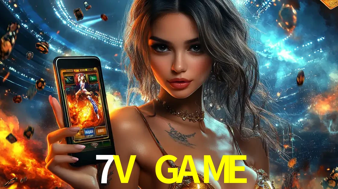 Mulher segurando um celular com um jogo de slot em destaque, tendo como fundo um estádio vibrante, simbolizando a emoção de jogar no cassino móvel 7V GAME.